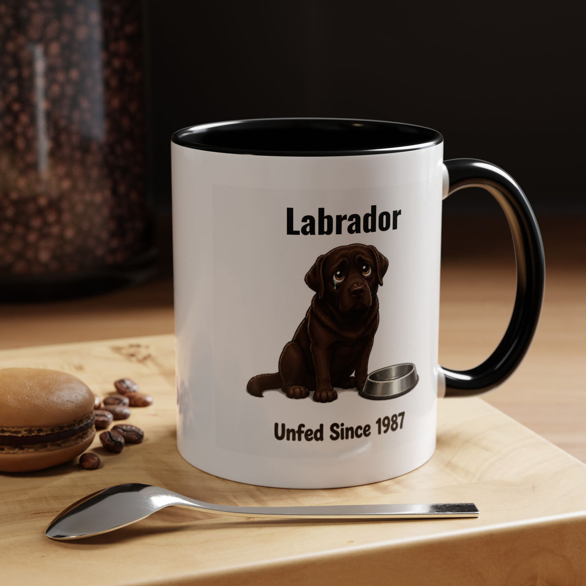 Personalised Chocolate Labrador Mug - Unfed Since 1987 - Custom Dog Name, Funny Greedy Lab Gift, 11oz
