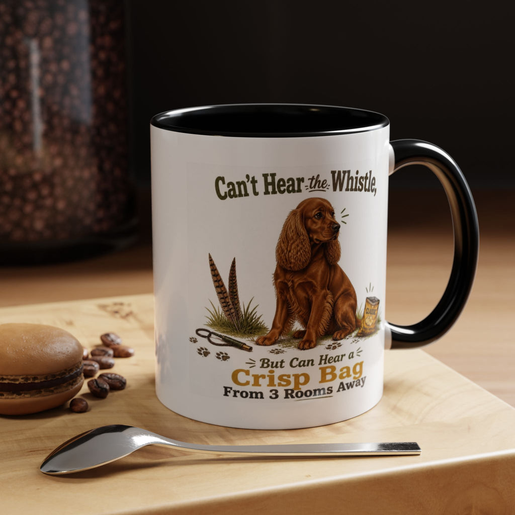 Funny Red Cocker Spaniel Mug - Can't Hear the Whistle But Can Hear a Crisp Bag, Working Gun Dog Gift, Greedy Dog Mug, 11oz