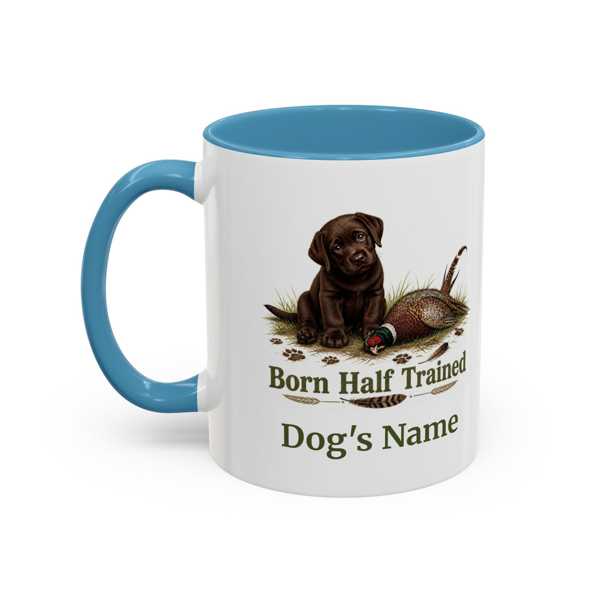 Personalised Chocolate Labrador Puppy Mug - Born Half Trained - Custom Dog Name, Pheasant Gun Dog Gift, 11oz