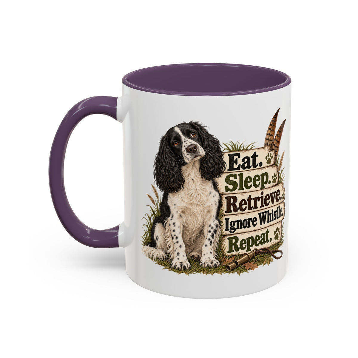 Funny Black and White Springer Spaniel Mug - Eat Sleep Retrieve Ignore Whistle Repeat, Gundog Gift, Shooting Dog Mug, 11oz