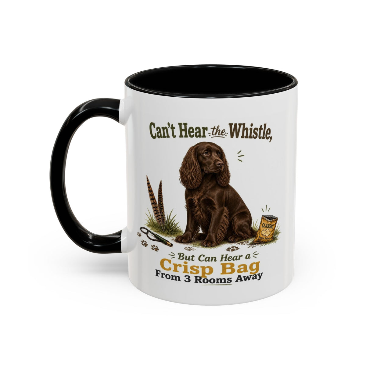 Funny Chocolate Cocker Spaniel Mug - Can't Hear the Whistle But Can Hear a Crisp Bag, Working Gun Dog Gift, Greedy Dog Mug, 11oz