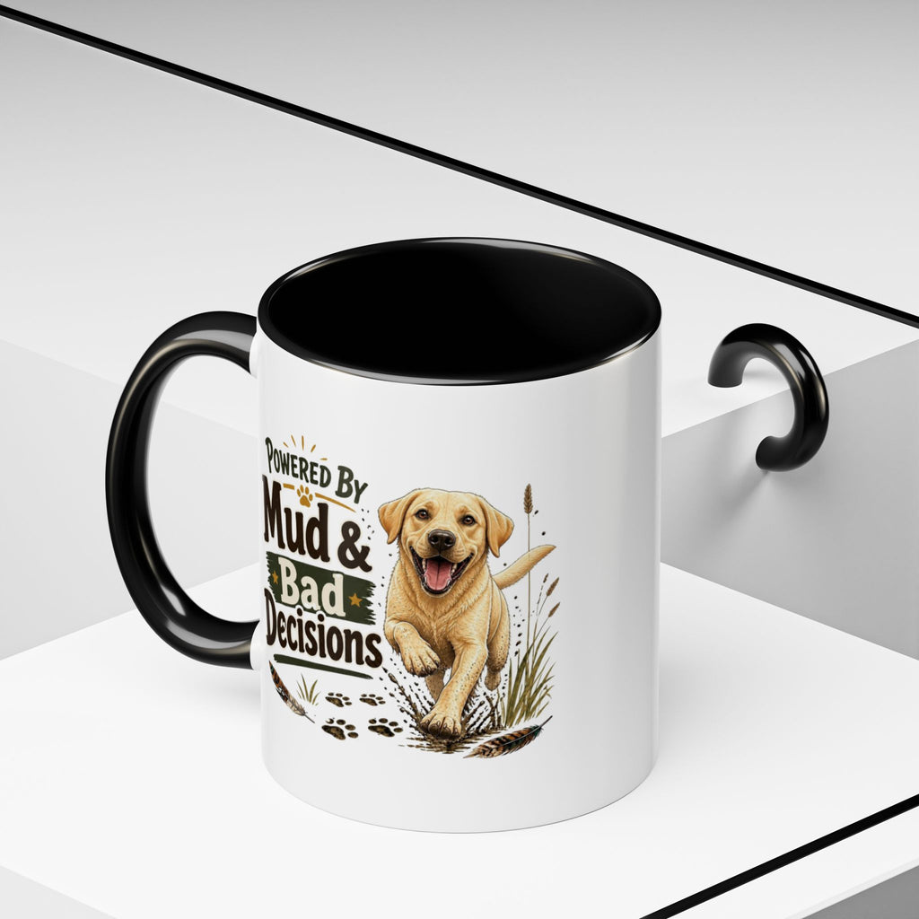 Funny Yellow Labrador Mug - Powered By Mud & Bad Decisions, Muddy Dog Owner Gift, Gundog Lover Coffee Mug, 11oz