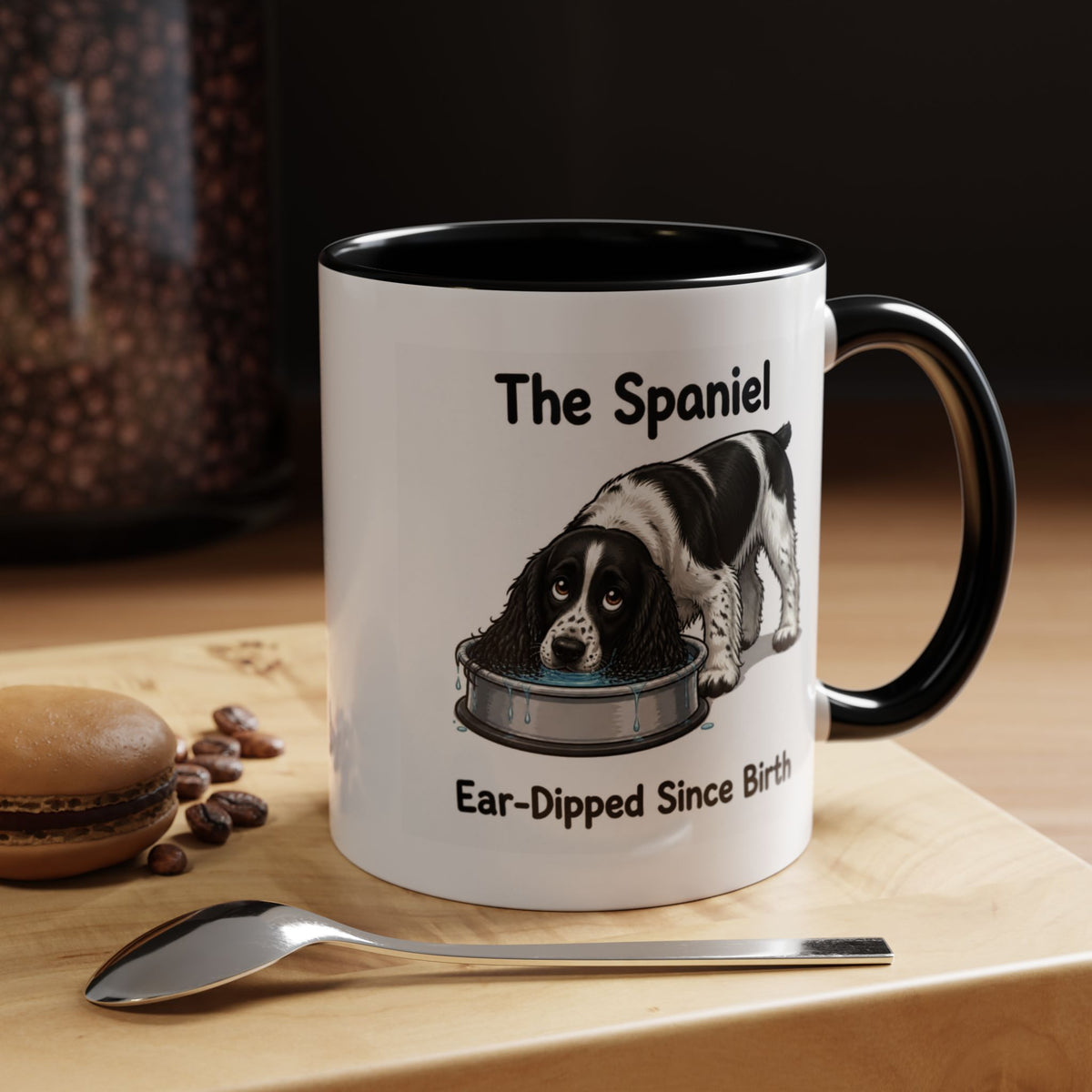 Funny Black & White Springer Spaniel Mug - The Spaniel, Ear-Dipped Since Birth, Spaniel Owner Gift, Dog Lover Coffee Mug, 11oz