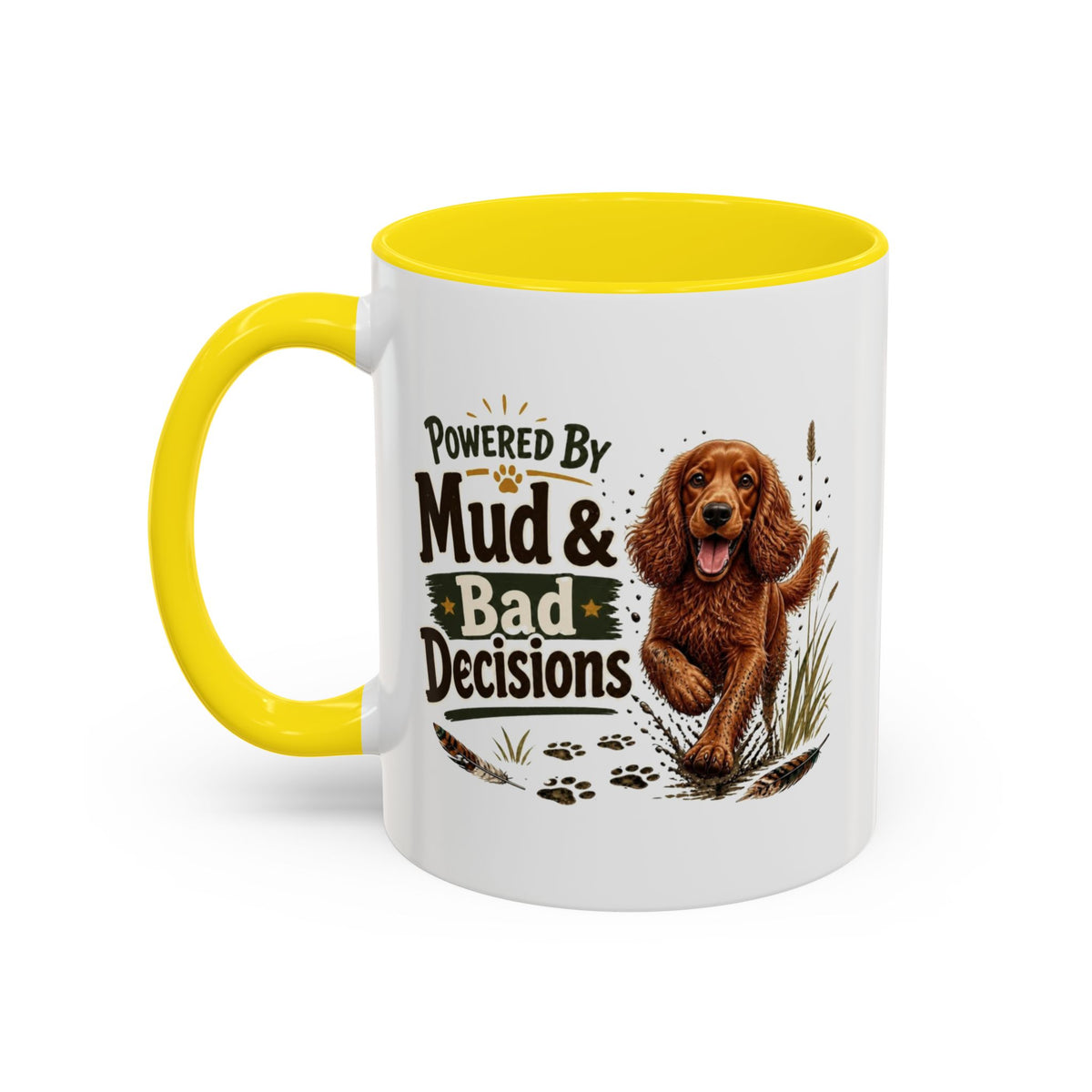 Funny Red Cocker Spaniel Mug - Powered By Mud & Bad Decisions, Muddy Dog Owner Gift, Gundog Lover Coffee Mug, 11oz