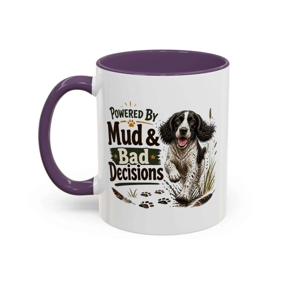 Funny Black and White Springer Spaniel Mug - Powered By Mud & Bad Decisions, Muddy Dog Owner Gift, Gundog Lover Coffee Mug, 11oz