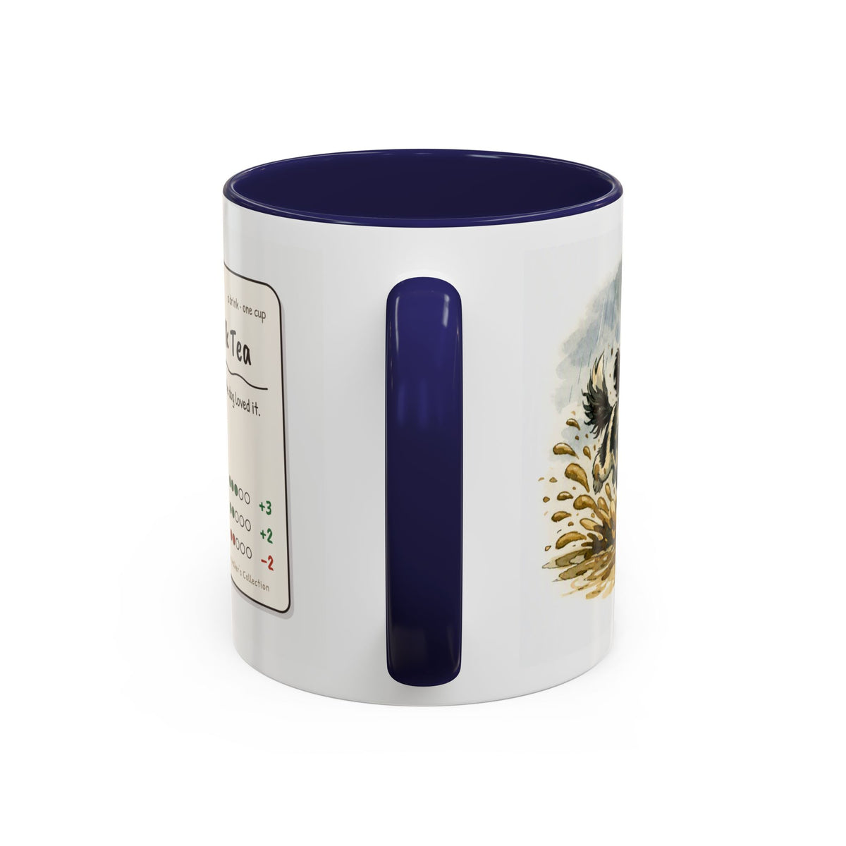 Funny dog walker mug, man with black and white dog on a muddy rainy walk – view 10