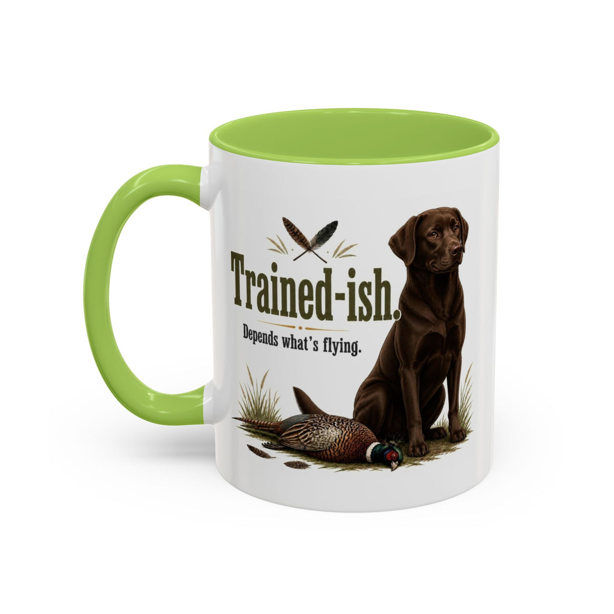 Funny Chocolate Labrador Mug - Trained-ish Depends What's Flying, Working Gun Dog Gift, Pheasant Shooting Mug, 11oz