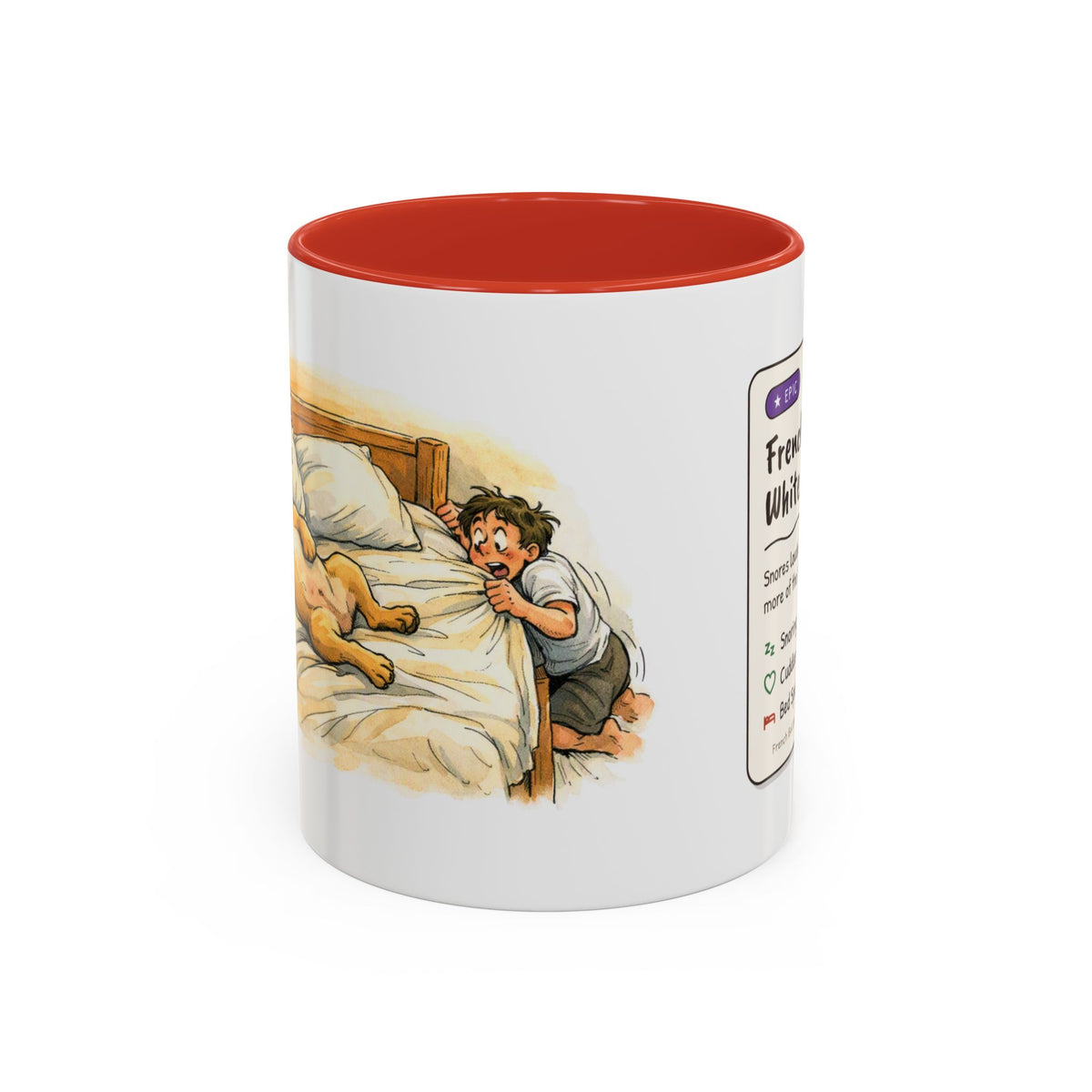 Funny French bulldog mug, snoring Frenchie hogging the bed – view 4