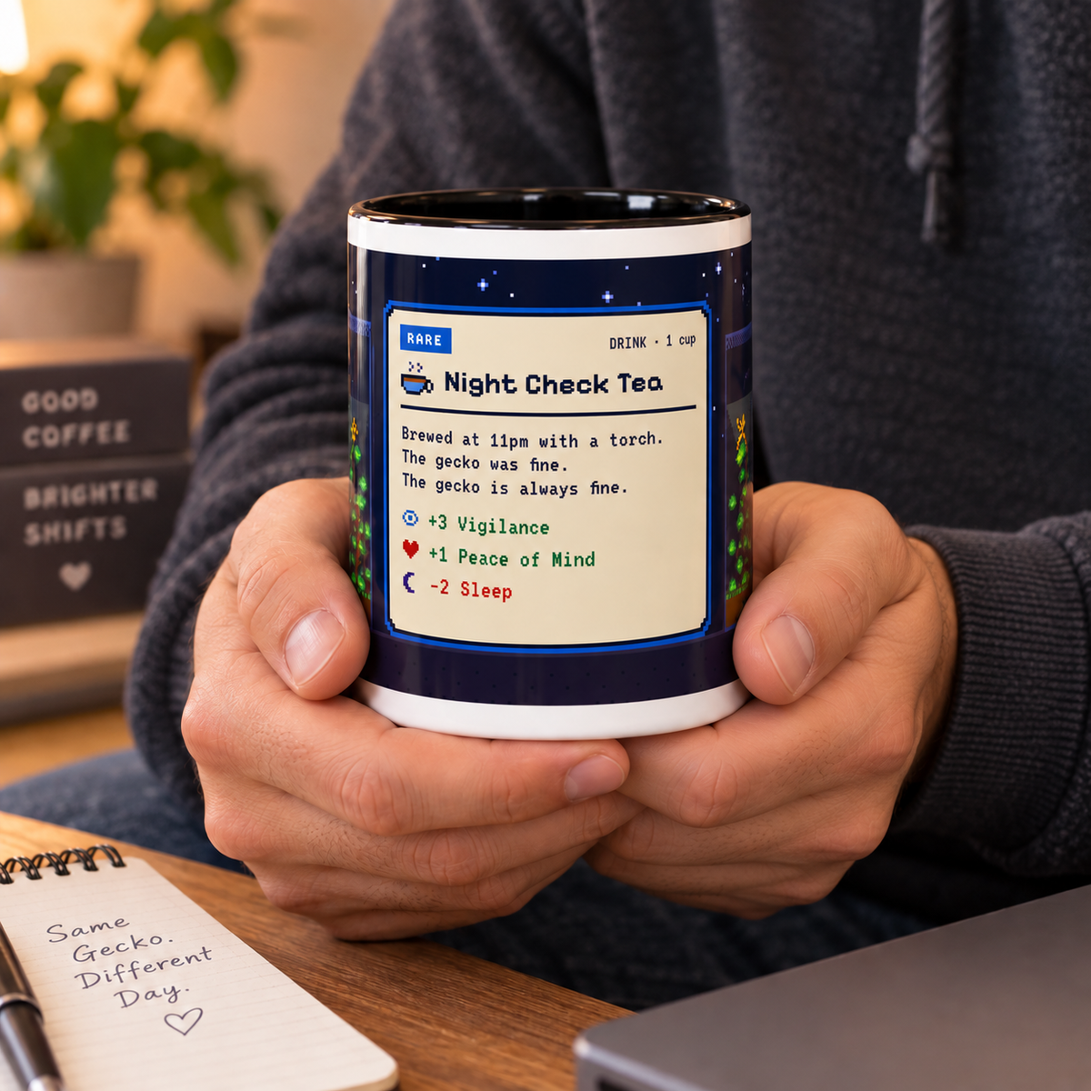 Night Check Tea pixel art mug, 11oz ceramic with coloured handle – view 1