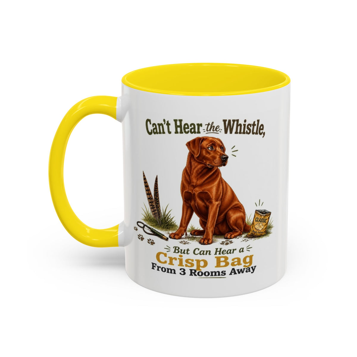 Funny Fox Red Labrador Mug - Can't Hear the Whistle But Can Hear a Crisp Bag, Working Gun Dog Gift, Greedy Dog Mug, 11oz