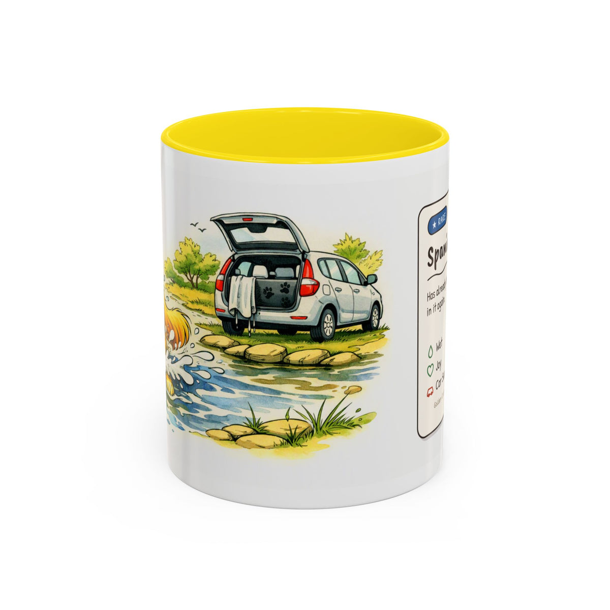 Funny lemon cocker spaniel mug, wet spaniel and car – view 1