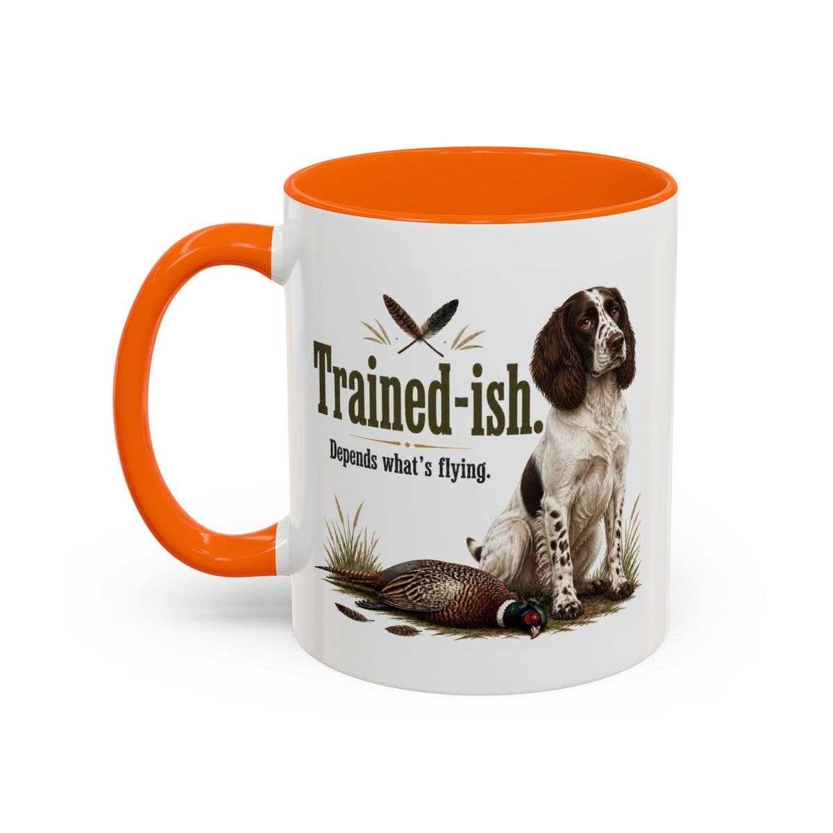 Funny Liver and White Springer Spaniel Mug - Trained-ish Depends What's Flying, Working Gun Dog Gift, Pheasant Shooting Mug, 11oz