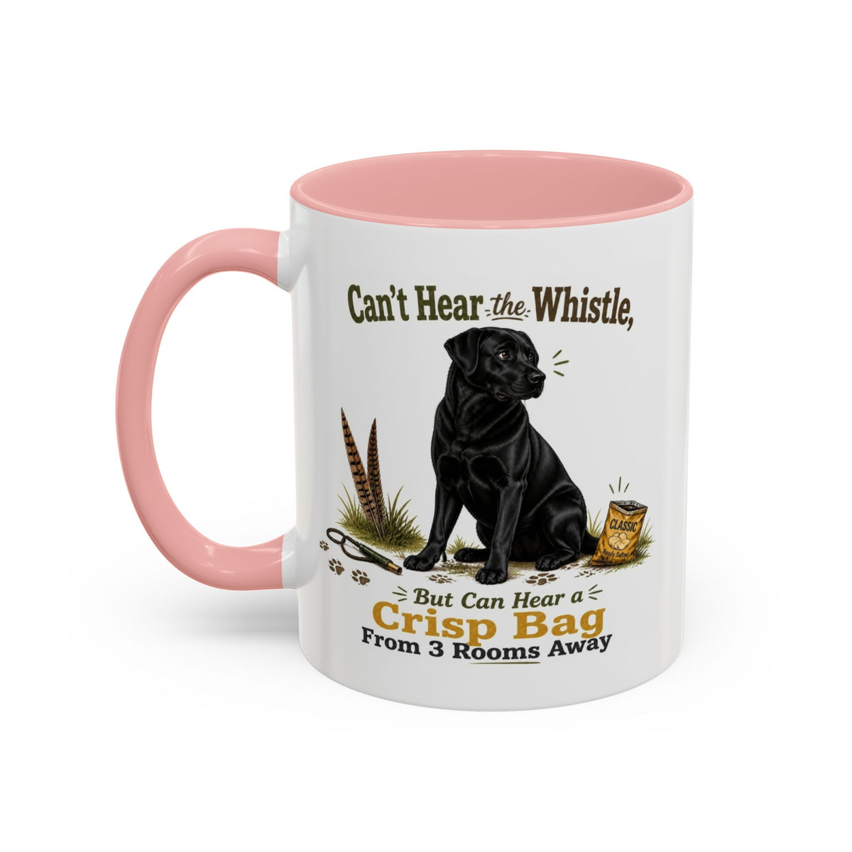 Funny Black Labrador Mug - Can't Hear the Whistle But Can Hear a Crisp Bag, Working Gun Dog Gift, Greedy Dog Mug, 11oz