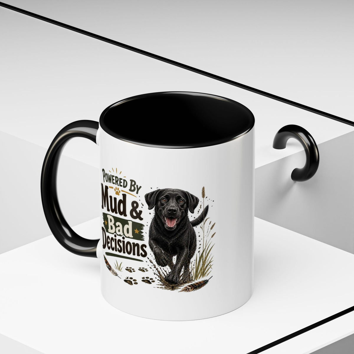 Funny Black Labrador Mug - Powered By Mud & Bad Decisions, Muddy Dog Owner Gift, Gundog Lover Coffee Mug, 11oz