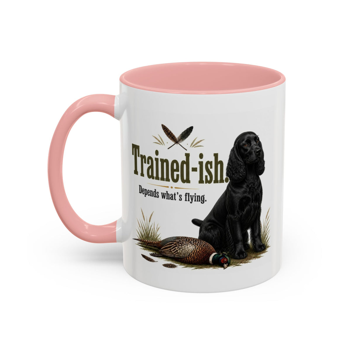 Funny Black Cocker Spaniel Mug - Trained-ish Depends What's Flying, Working Gun Dog Gift, Pheasant Shooting Mug, 11oz
