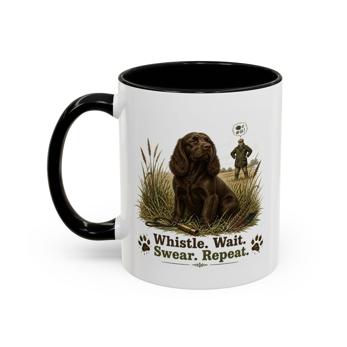Funny Chocolate Cocker Spaniel Mug - Whistle. Wait. Swear. Repeat. Working Gun Dog Gift, Dog Training Mug, 11oz