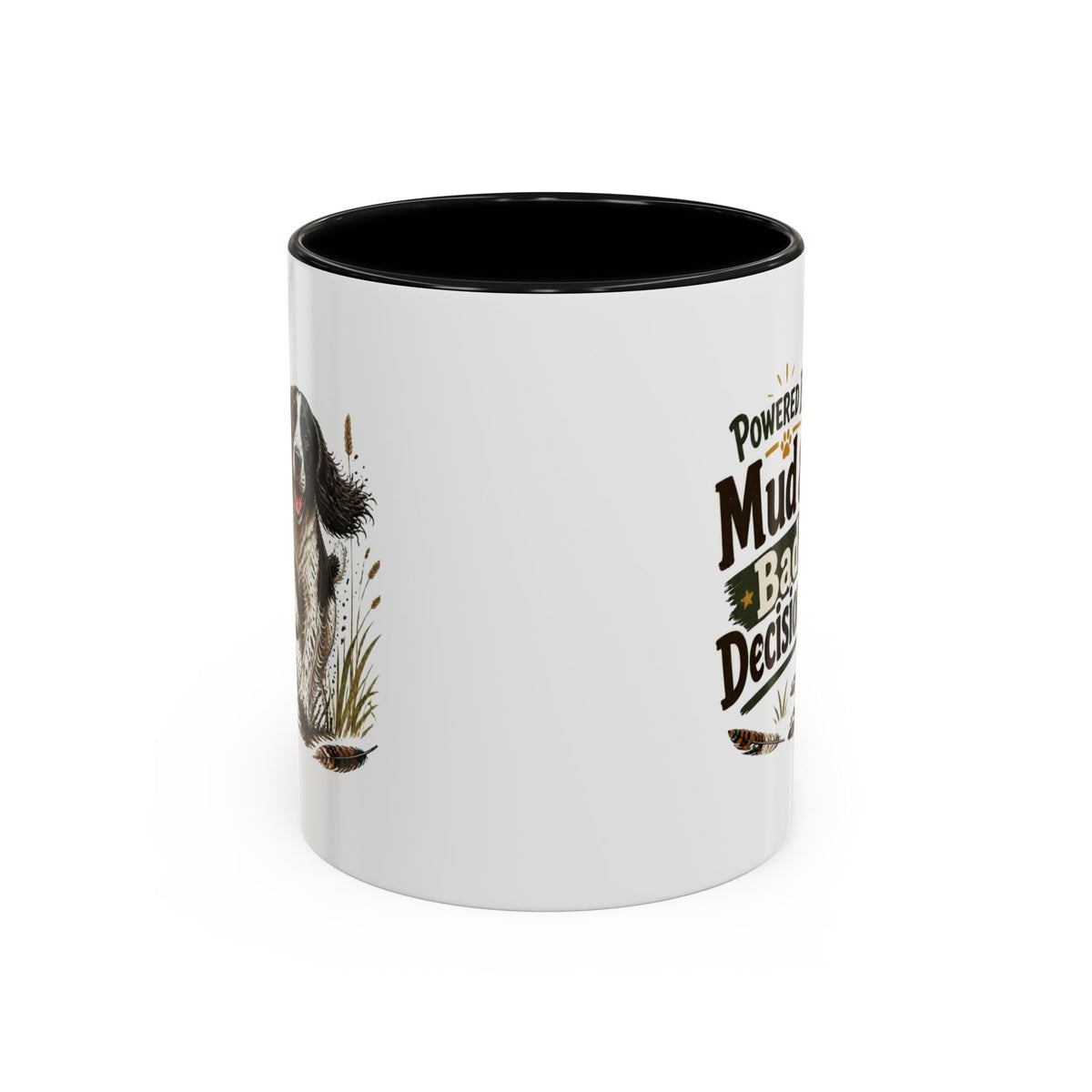 Funny Black and White Springer Spaniel Mug - Powered By Mud & Bad Decisions, Muddy Dog Owner Gift, Gundog Lover Coffee Mug, 11oz