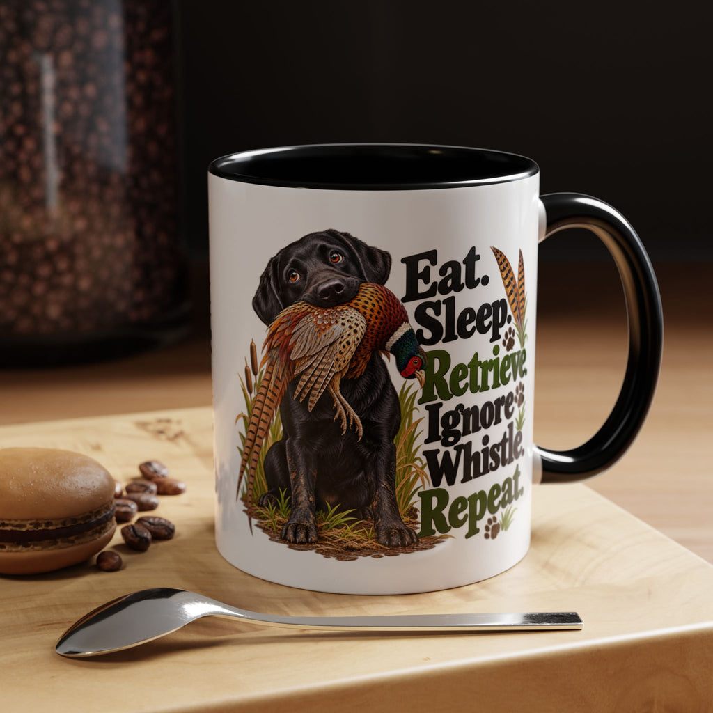 Funny Black Labrador Mug - Eat Sleep Retrieve Ignore Whistle Repeat, Gundog Owner Gift, Shooting Dog Lover Coffee Mug, 11oz