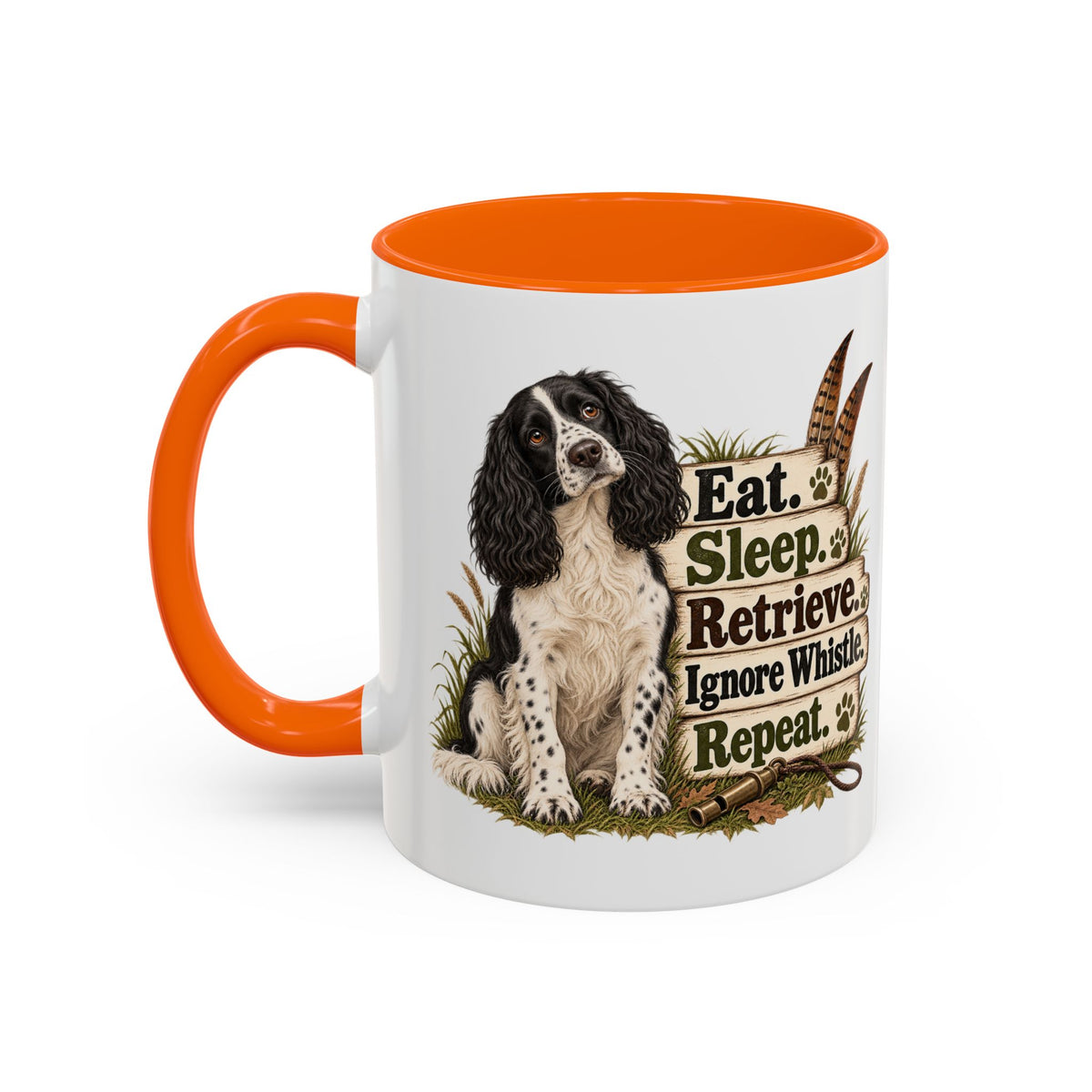 Funny Black and White Springer Spaniel Mug - Eat Sleep Retrieve Ignore Whistle Repeat, Gundog Gift, Shooting Dog Mug, 11oz