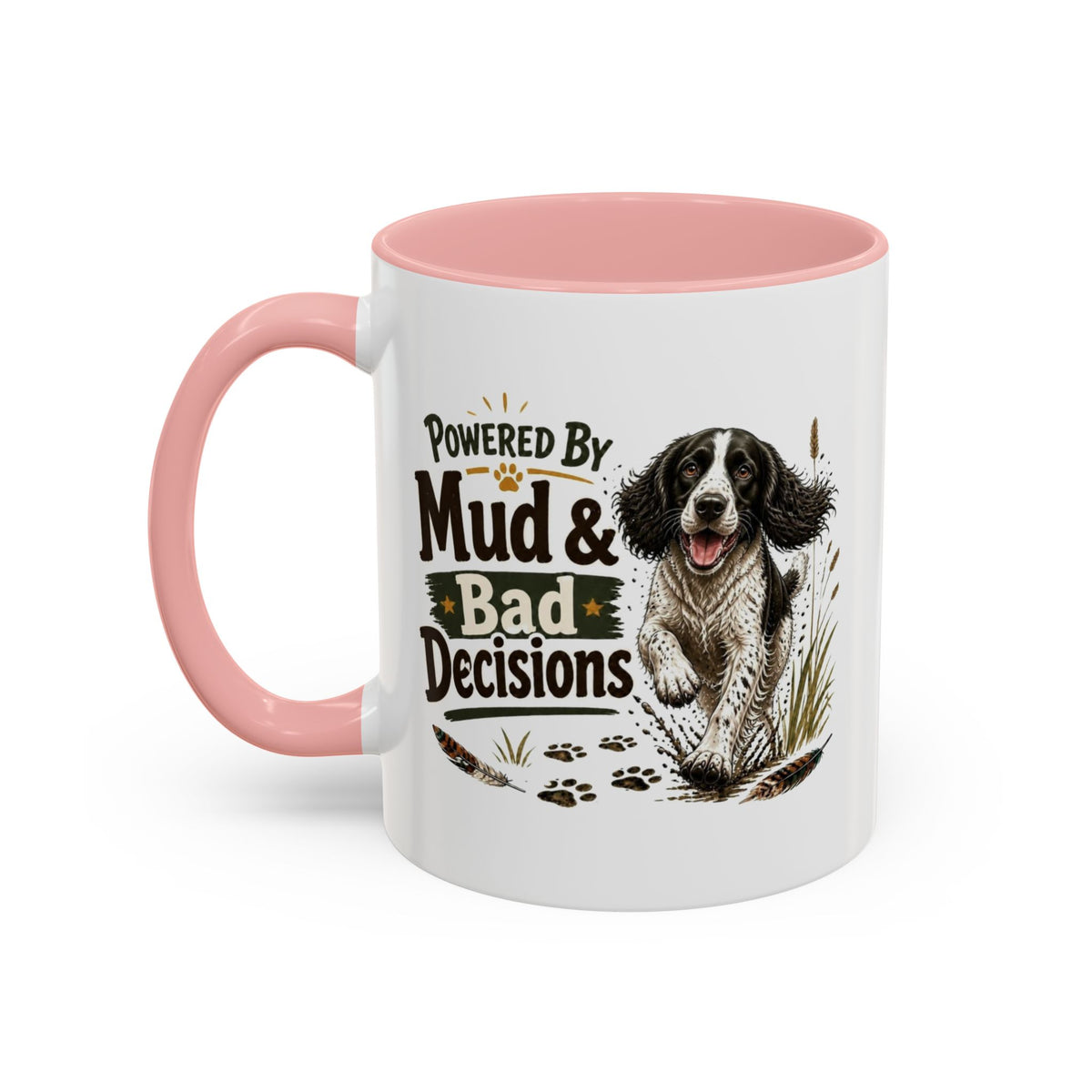 Funny Black and White Springer Spaniel Mug - Powered By Mud & Bad Decisions, Muddy Dog Owner Gift, Gundog Lover Coffee Mug, 11oz