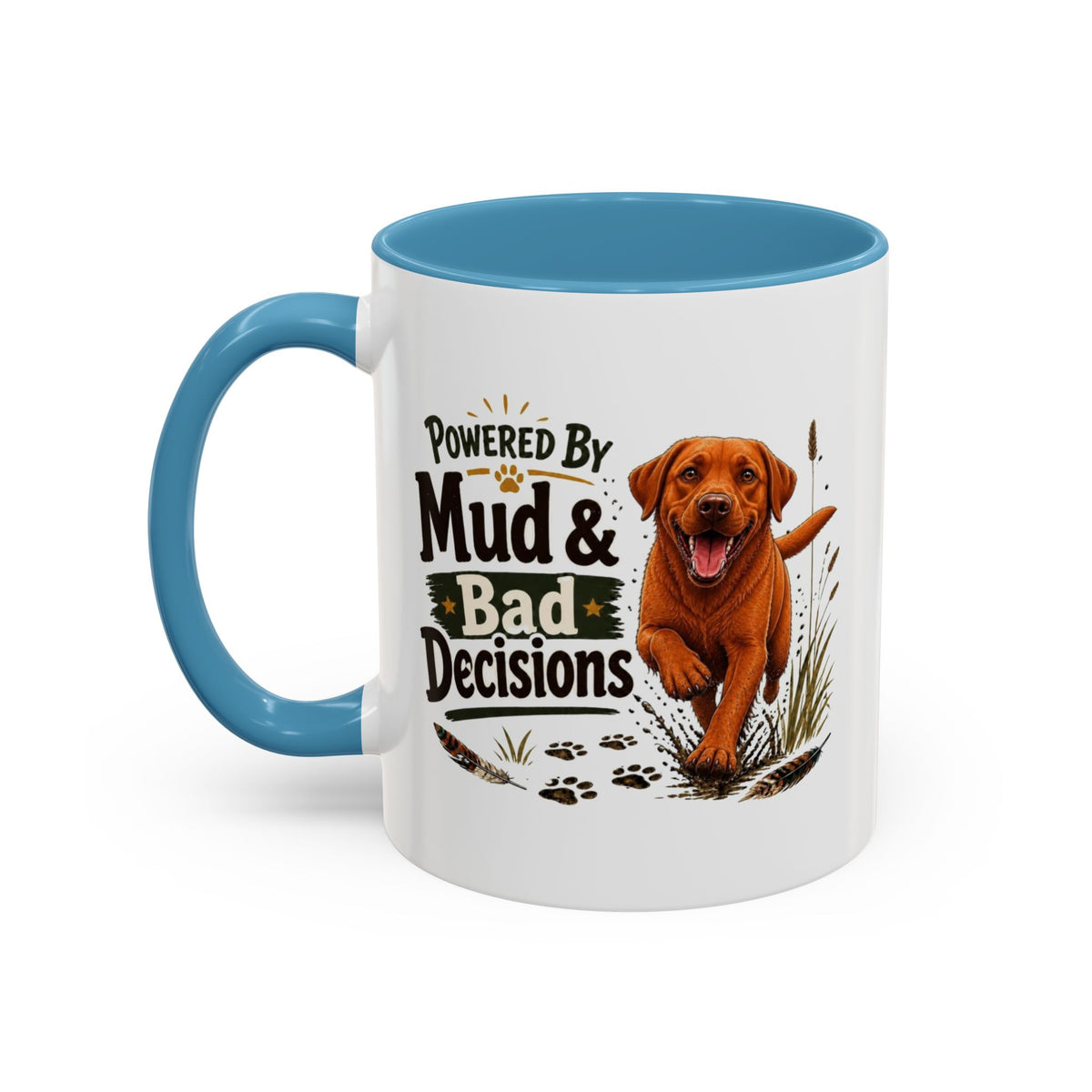 Funny Fox Red Labrador Mug - Powered By Mud & Bad Decisions, Muddy Dog Owner Gift, Gundog Lover Coffee Mug, 11oz