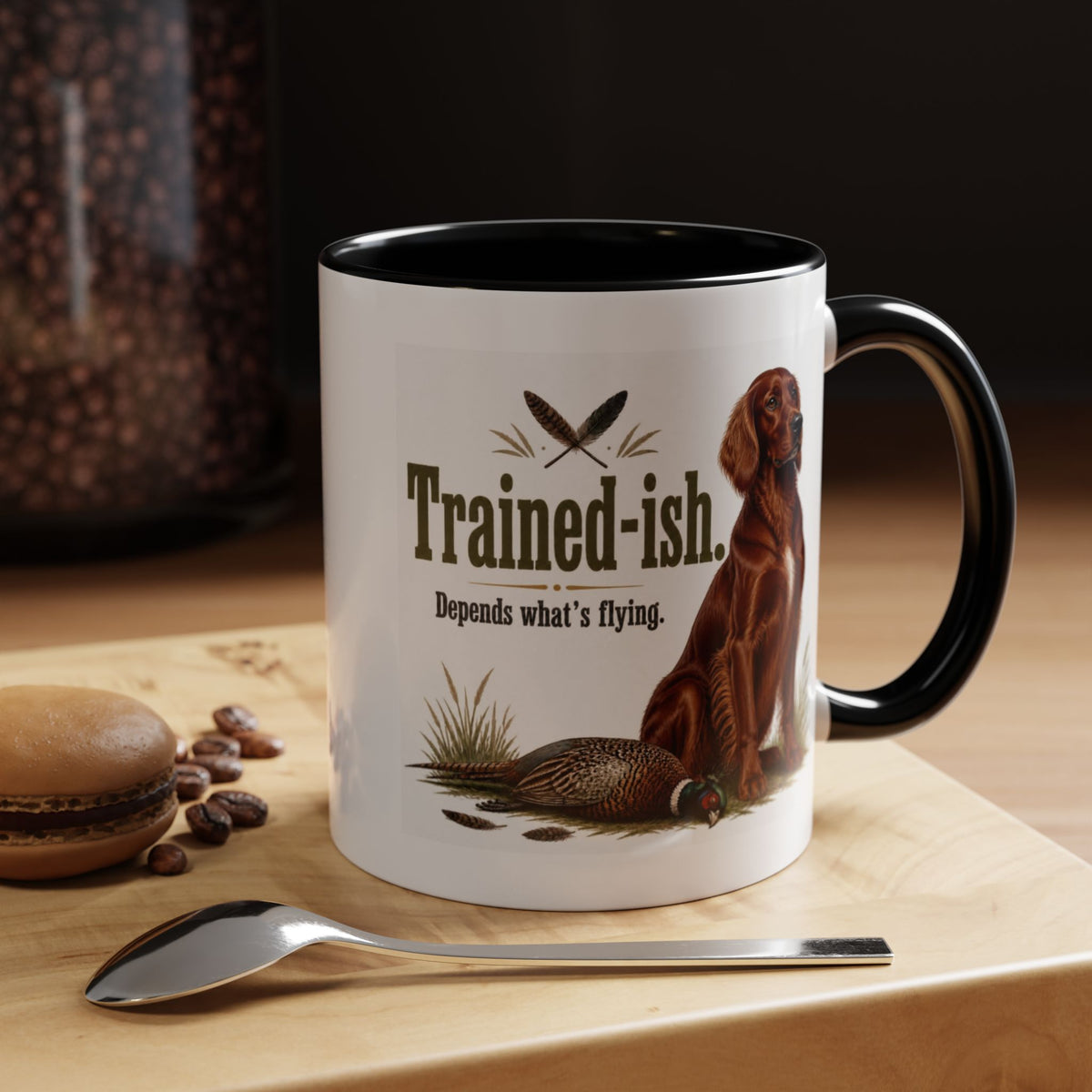 Funny Red Setter Mug - Trained-ish Depends What's Flying, Working Gun Dog Gift, Pheasant Shooting Mug, 11oz