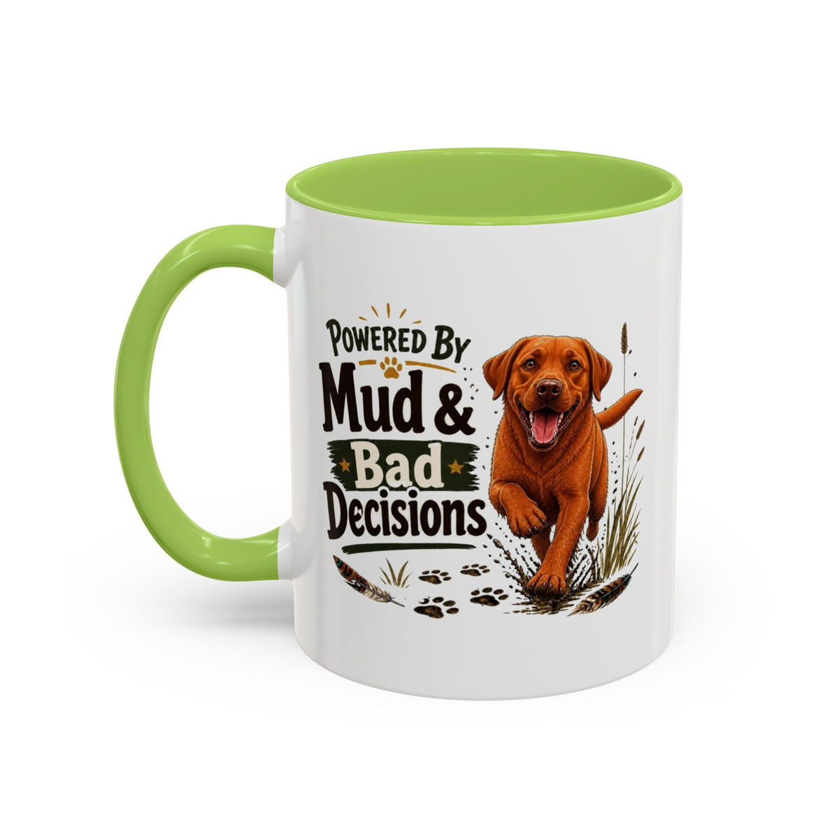 Funny Fox Red Labrador Mug - Powered By Mud & Bad Decisions, Muddy Dog Owner Gift, Gundog Lover Coffee Mug, 11oz