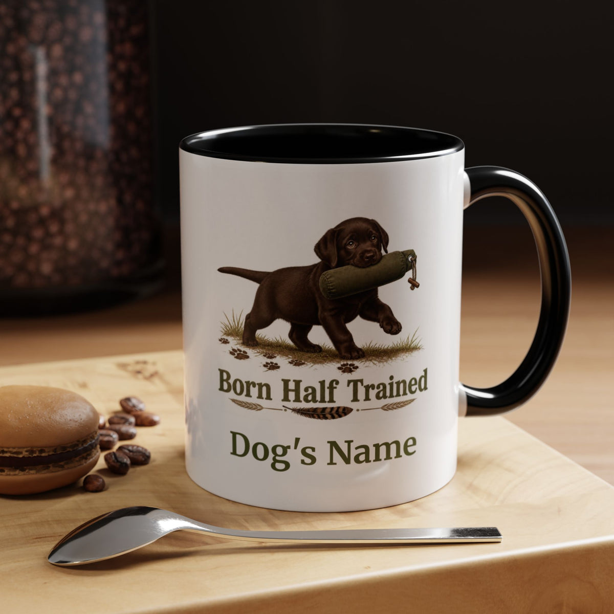 Personalised Chocolate Labrador Puppy Mug - Born Half Trained - Custom Dog Name, Training Dummy Gun Dog Gift, 11oz