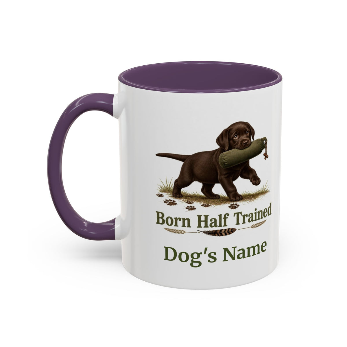 Personalised Chocolate Labrador Puppy Mug - Born Half Trained - Custom Dog Name, Training Dummy Gun Dog Gift, 11oz