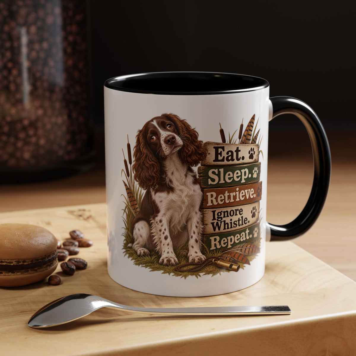 Funny Liver and White Springer Spaniel Mug - Eat Sleep Retrieve Ignore Whistle Repeat, Gundog Gift, Shooting Dog Mug, 11oz
