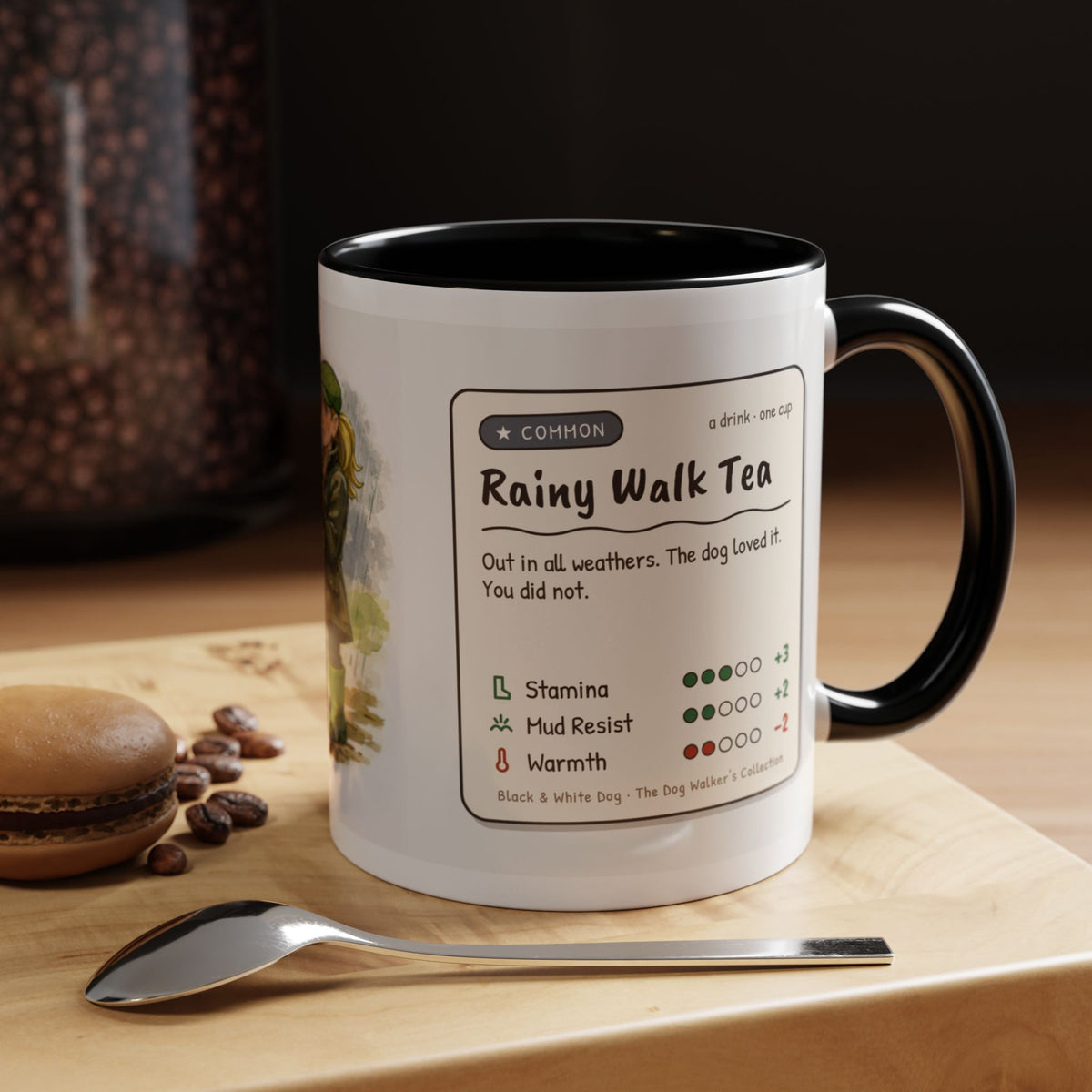 Rainy Walk Tea mug, woman in wellies with black and white dog – view 8