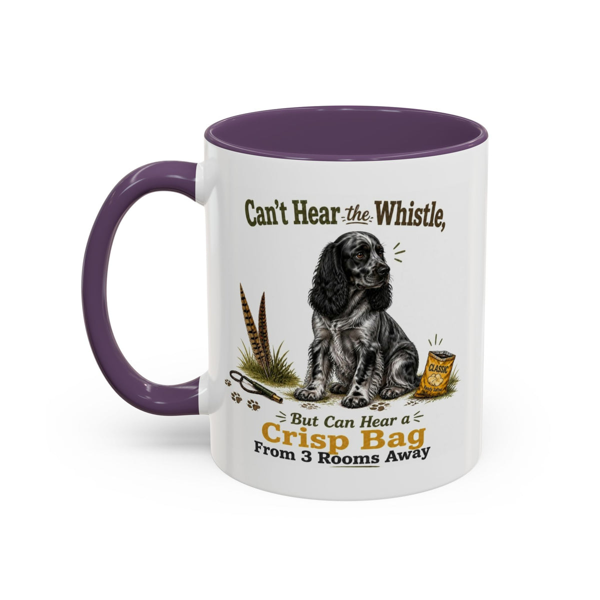 Funny Blue Roan Cocker Spaniel Mug - Can't Hear the Whistle But Can Hear a Crisp Bag, Working Gun Dog Gift, Greedy Dog Mug, 11oz