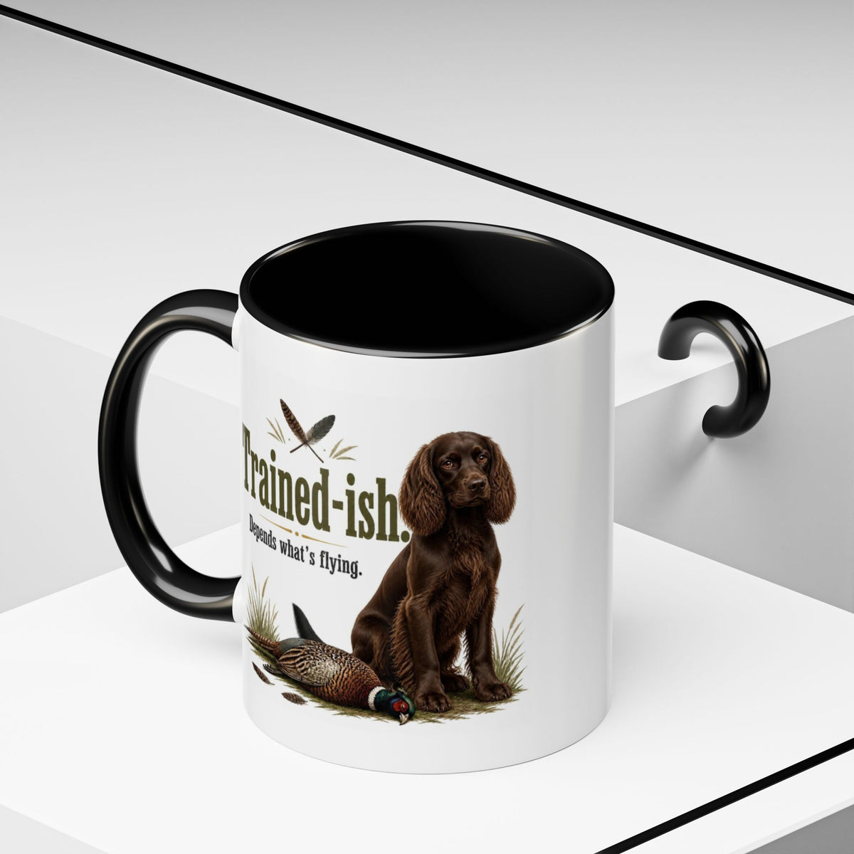 Funny Chocolate Cocker Spaniel Mug - Trained-ish Depends What's Flying, Working Gun Dog Gift, Pheasant Shooting Mug, 11oz