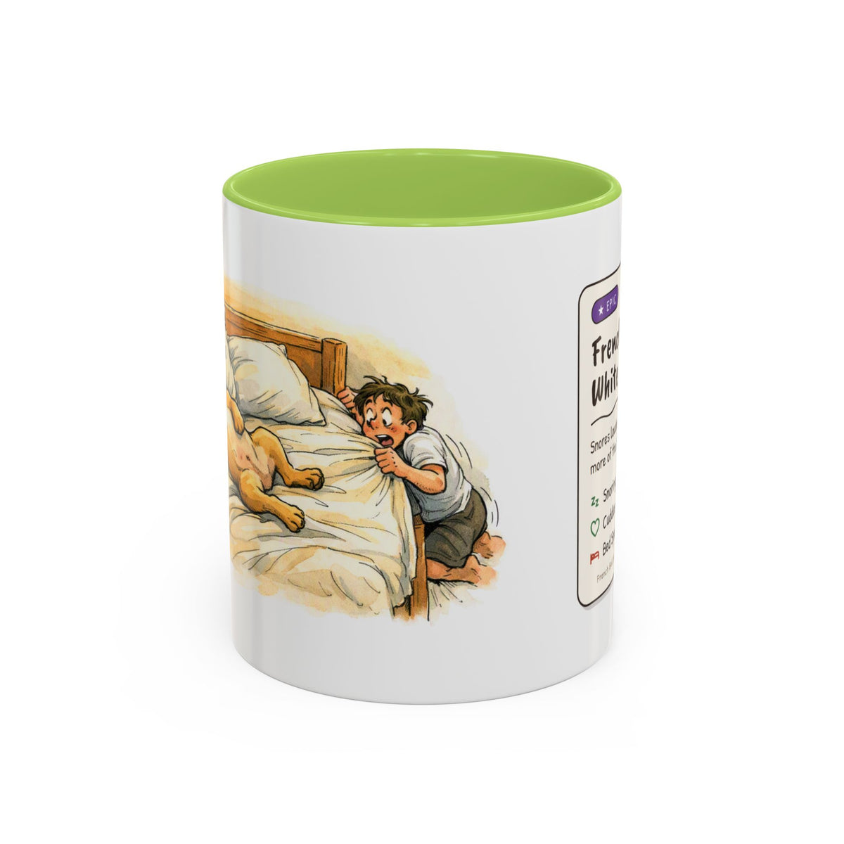 Funny French bulldog mug, snoring Frenchie hogging the bed – view 9