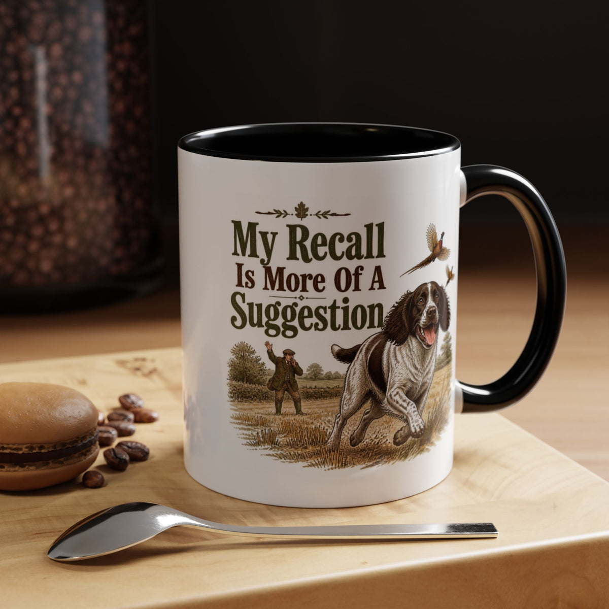 Funny Liver and White Springer Spaniel Mug - My Recall Is More Of A Suggestion, Working Gun Dog Gift, Pheasant Shooting Mug, 11oz