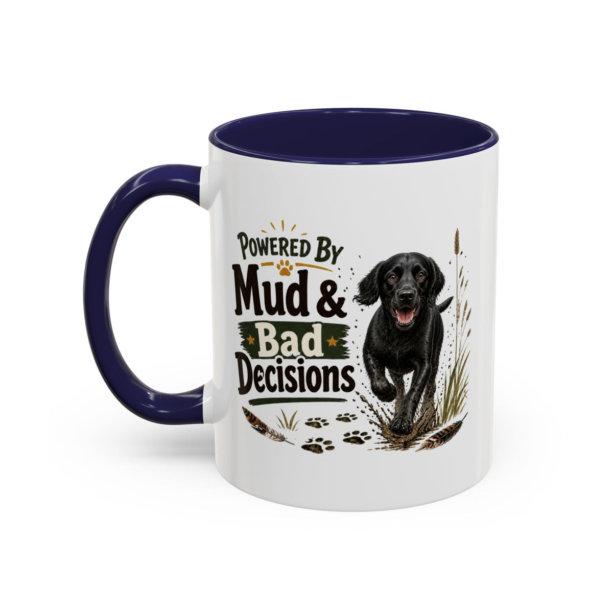 Funny Black Cocker Spaniel Mug - Powered By Mud & Bad Decisions, Muddy Dog Owner Gift, Gundog Lover Coffee Mug, 11oz
