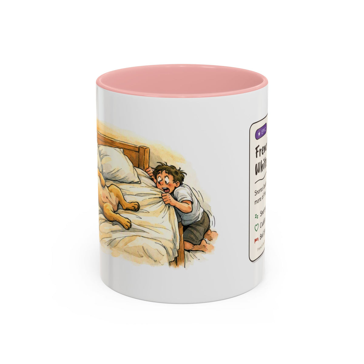 Funny French bulldog mug, snoring Frenchie hogging the bed – view 3