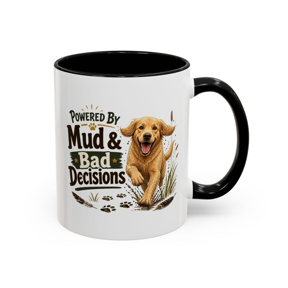 Funny Golden Retriever Mug - Powered By Mud & Bad Decisions, Muddy Dog Owner Gift, Gundog Lover Coffee Mug, 11oz