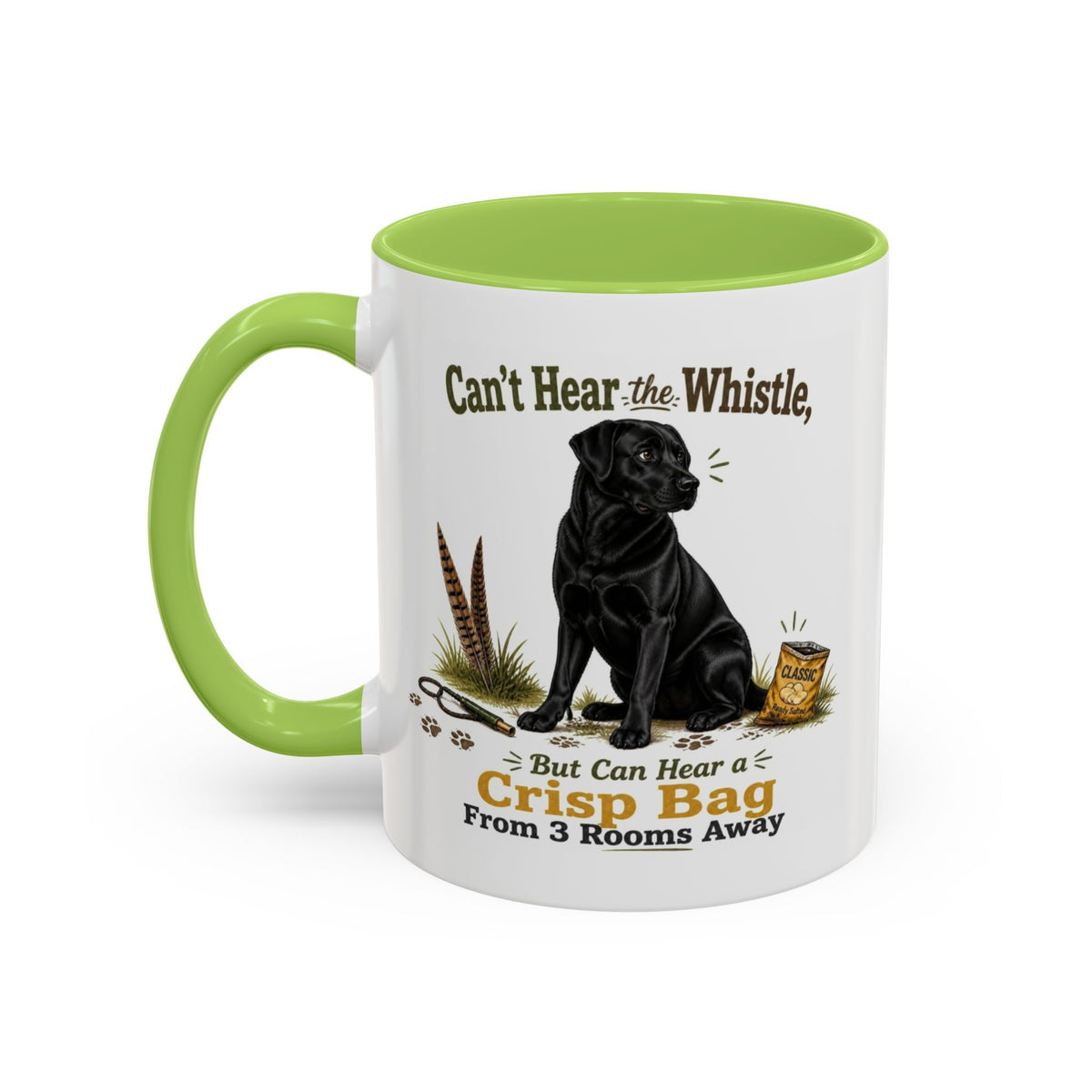 Funny Black Labrador Mug - Can't Hear the Whistle But Can Hear a Crisp Bag, Working Gun Dog Gift, Greedy Dog Mug, 11oz