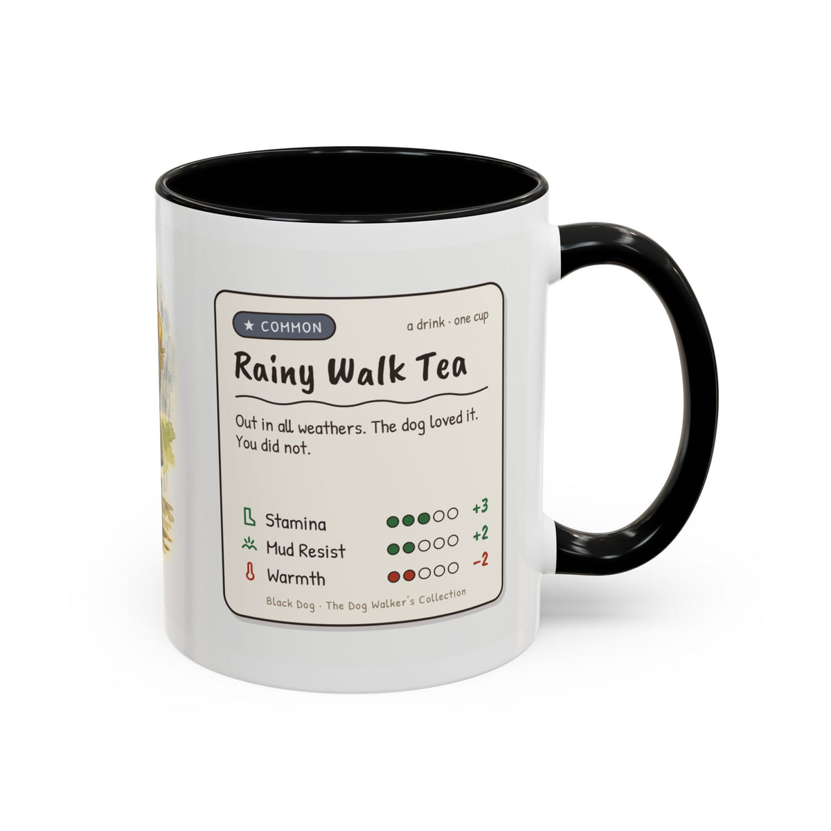 Rainy Walk Tea mug, woman with black dog on a muddy rainy walk – view 5