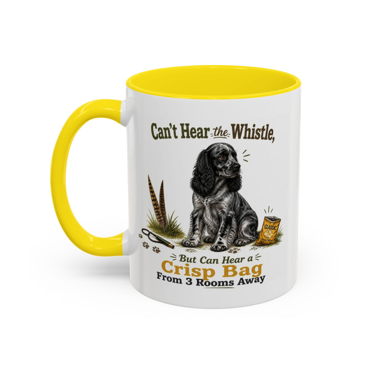 Funny Blue Roan Cocker Spaniel Mug - Can't Hear the Whistle But Can Hear a Crisp Bag, Working Gun Dog Gift, Greedy Dog Mug, 11oz