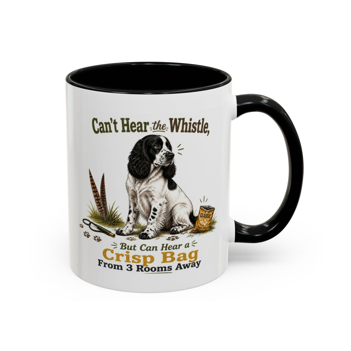 Funny Black and White Springer Spaniel Mug - Can't Hear the Whistle But Can Hear a Crisp Bag, Working Gun Dog Gift, Greedy Dog Mug, 11oz
