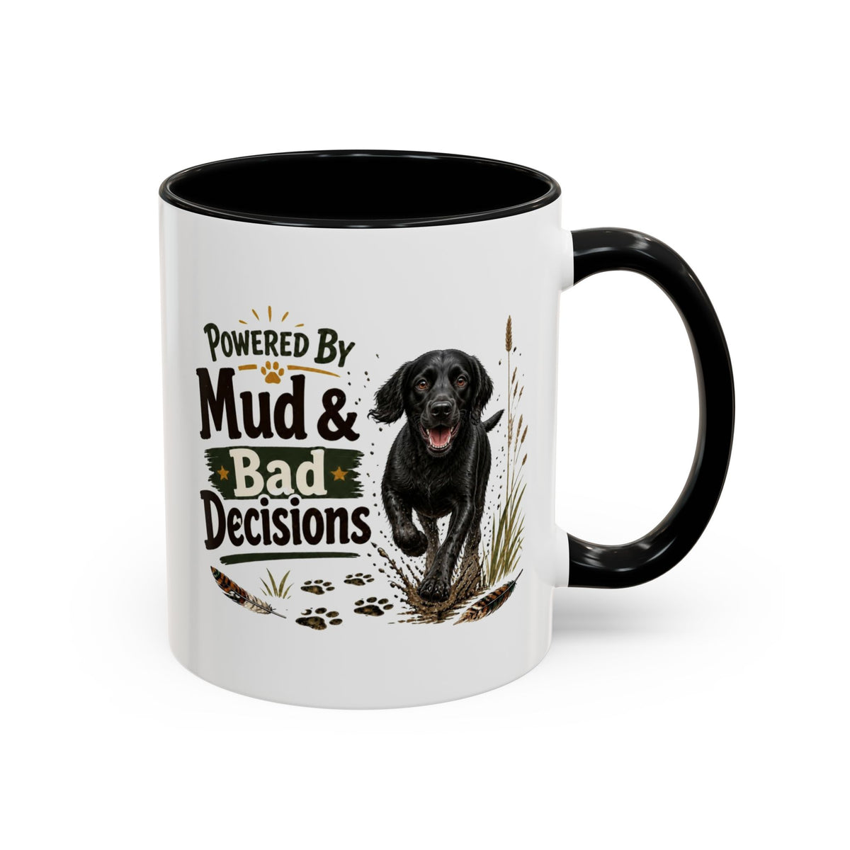 Funny Black Cocker Spaniel Mug - Powered By Mud & Bad Decisions, Muddy Dog Owner Gift, Gundog Lover Coffee Mug, 11oz