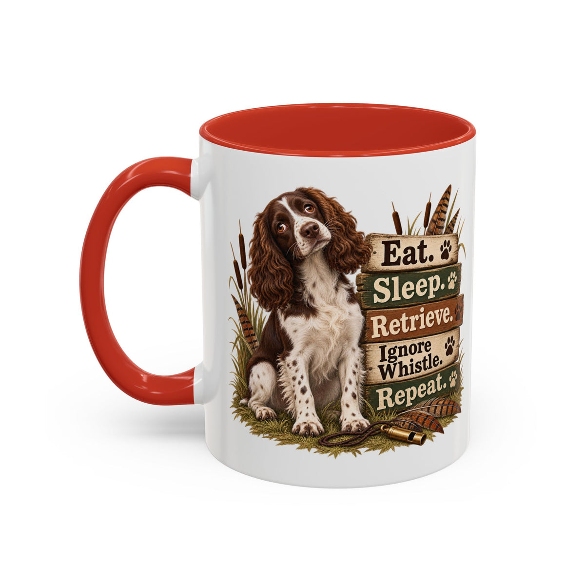 Funny Liver and White Springer Spaniel Mug - Eat Sleep Retrieve Ignore Whistle Repeat, Gundog Gift, Shooting Dog Mug, 11oz