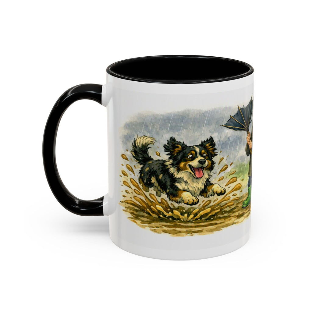 Rainy Walk Tea mug, woman with tri-colour dog on a muddy rainy walk – view 7