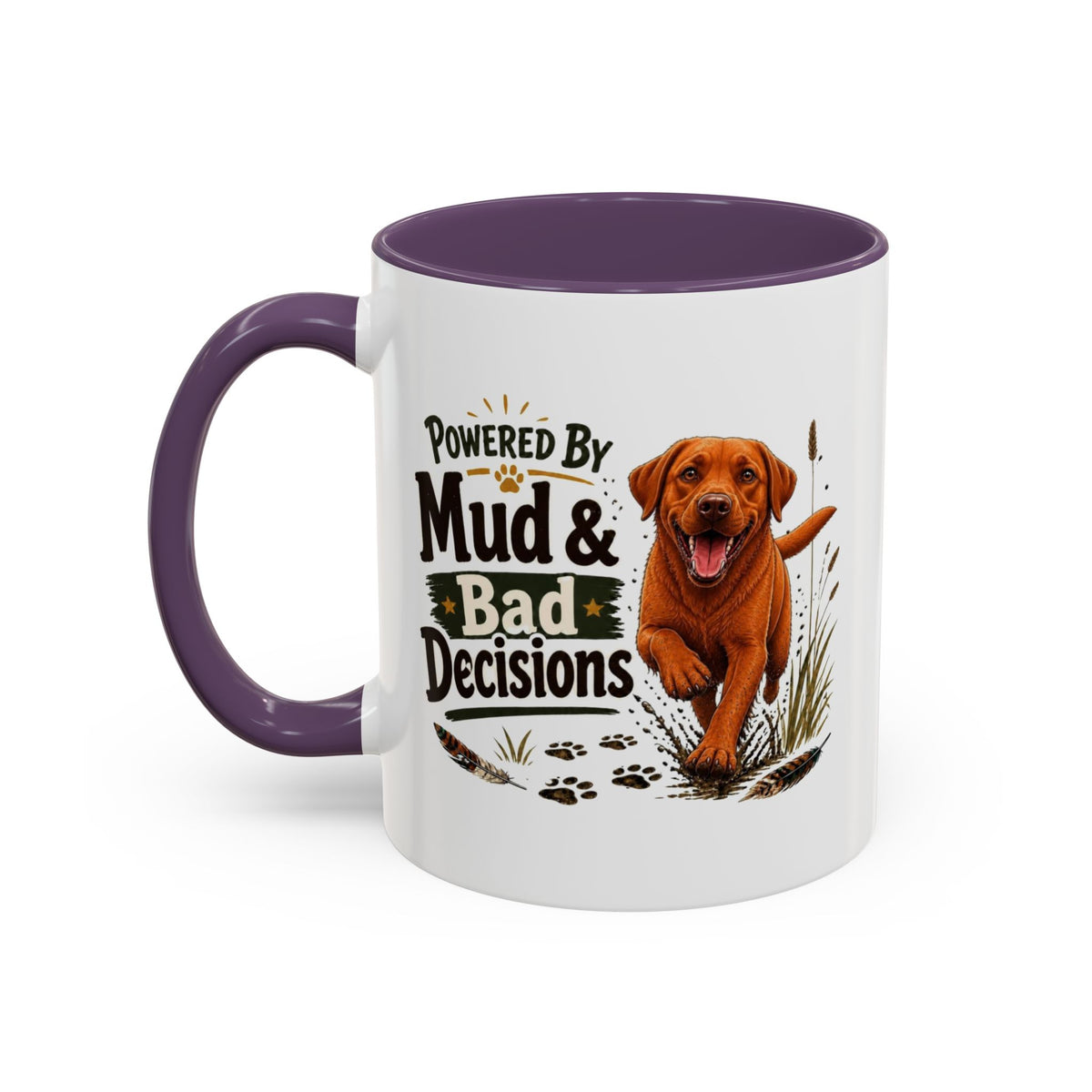 Funny Fox Red Labrador Mug - Powered By Mud & Bad Decisions, Muddy Dog Owner Gift, Gundog Lover Coffee Mug, 11oz