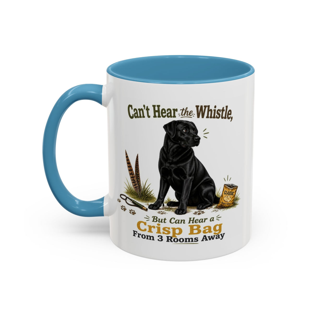 Funny Black Labrador Mug - Can't Hear the Whistle But Can Hear a Crisp Bag, Working Gun Dog Gift, Greedy Dog Mug, 11oz