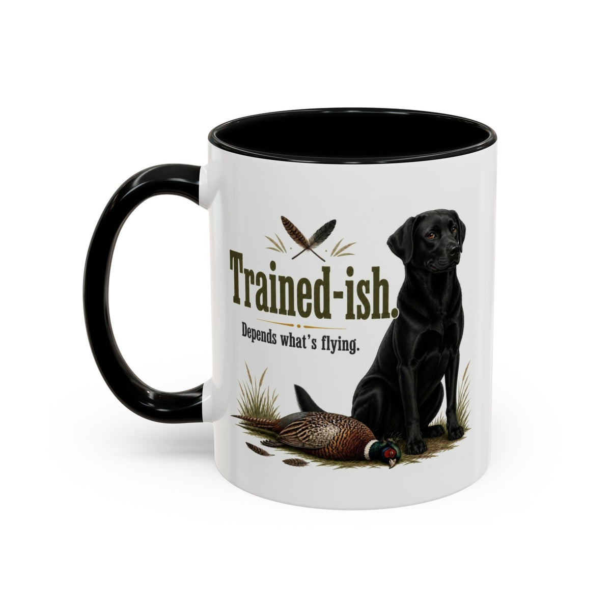Funny Black Labrador Mug - Trained-ish Depends What's Flying, Working Gun Dog Gift, Pheasant Shooting Mug, 11oz