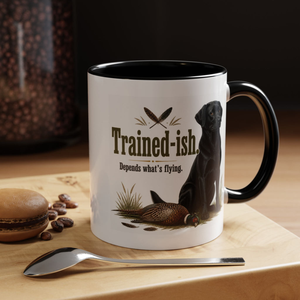 Funny Black Labrador Mug - Trained-ish Depends What's Flying, Working Gun Dog Gift, Pheasant Shooting Mug, 11oz