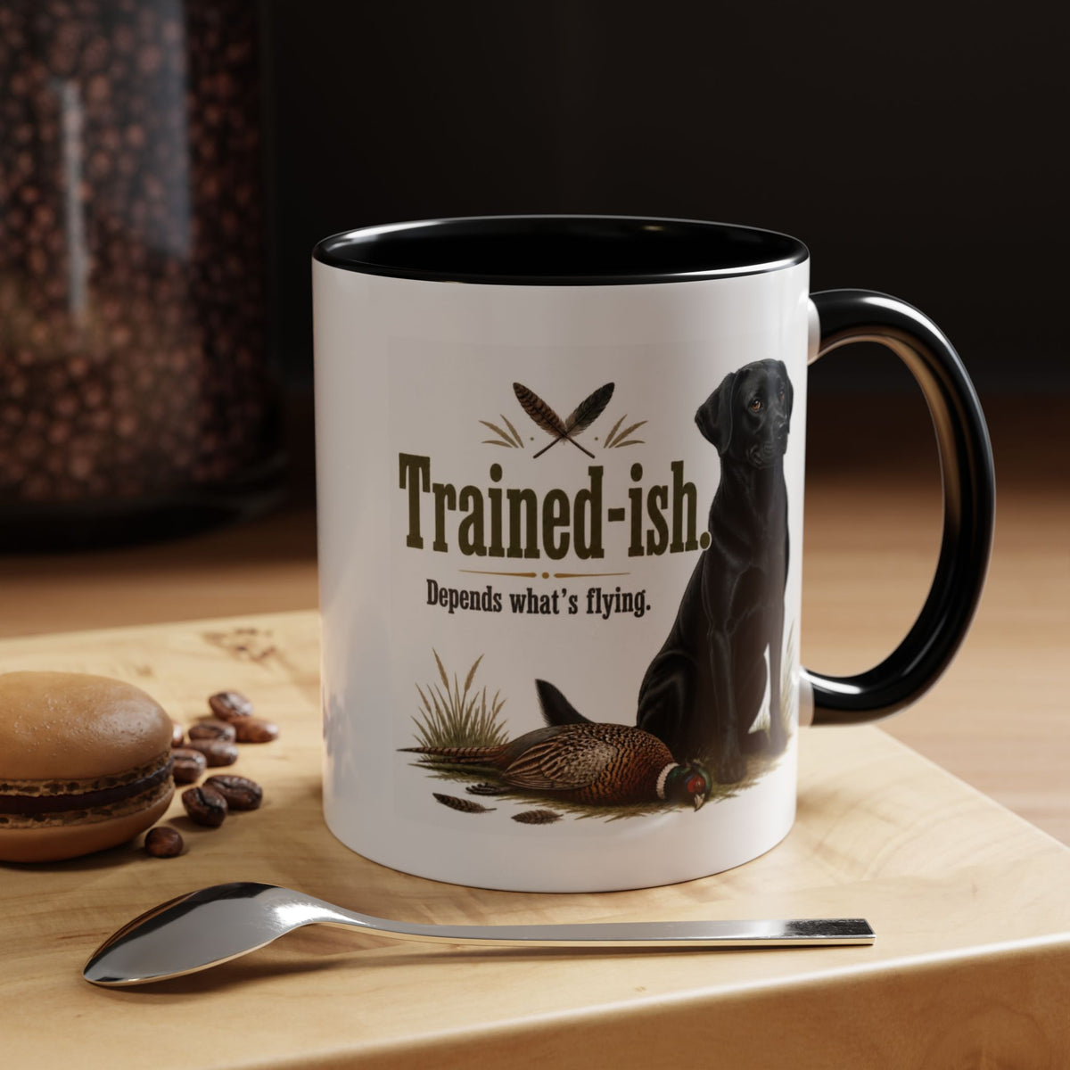 Funny Black Labrador Mug - Trained-ish Depends What's Flying, Working Gun Dog Gift, Pheasant Shooting Mug, 11oz
